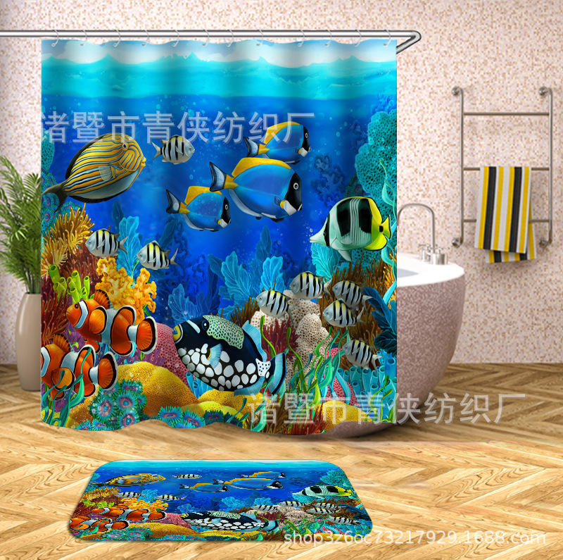 Factory e-commerce wholesale volume, high price, excellent polyester digital printing shower curtain floor mat four-piece set, toilet three-piece set, dolphin. 