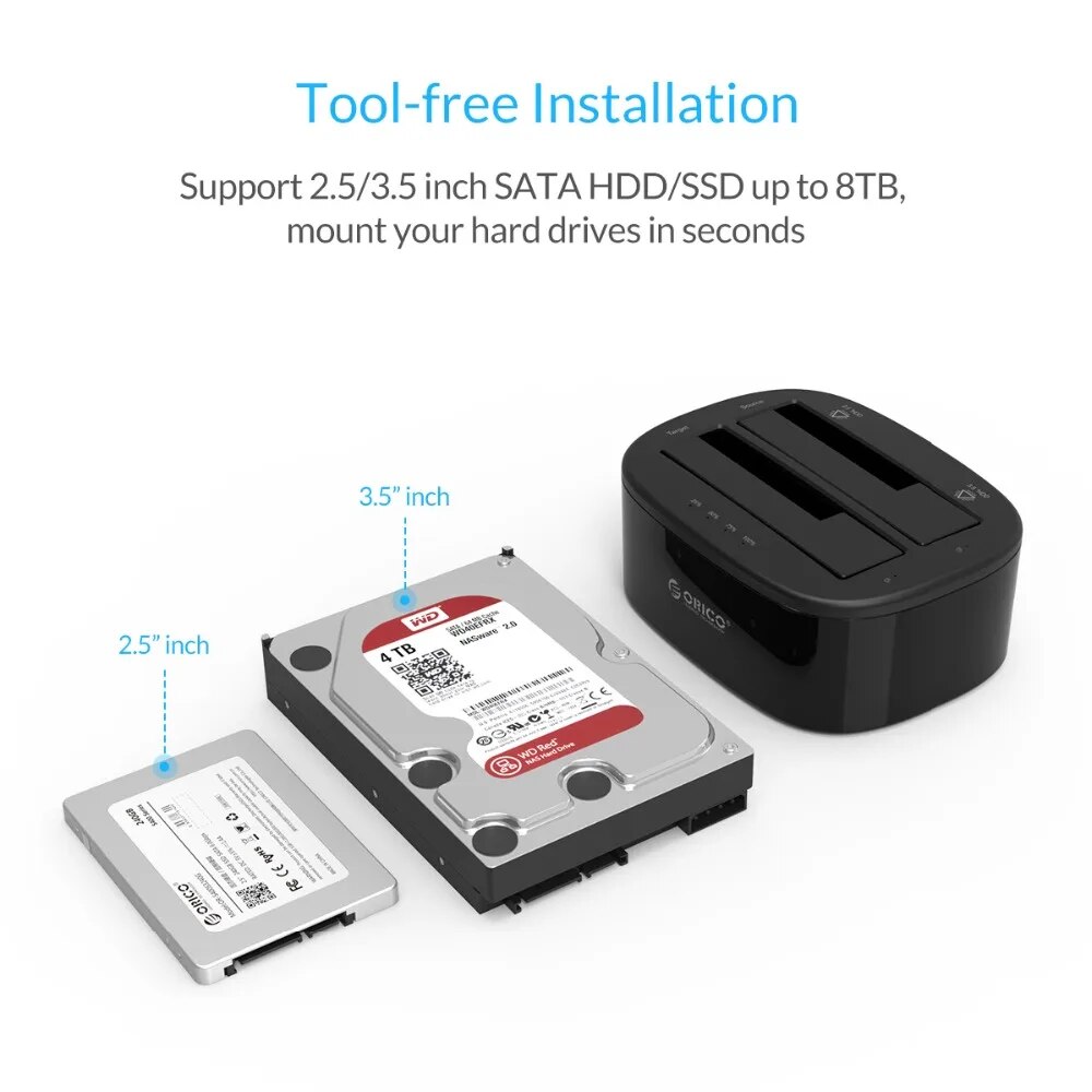 ORICO Clone Docking Station 2.5 3.5 Dual Bay SATA To USB 3.0 HDD Enclosure Tool Free Duplicator HDD Case 24TB for Windows Mac OS. 