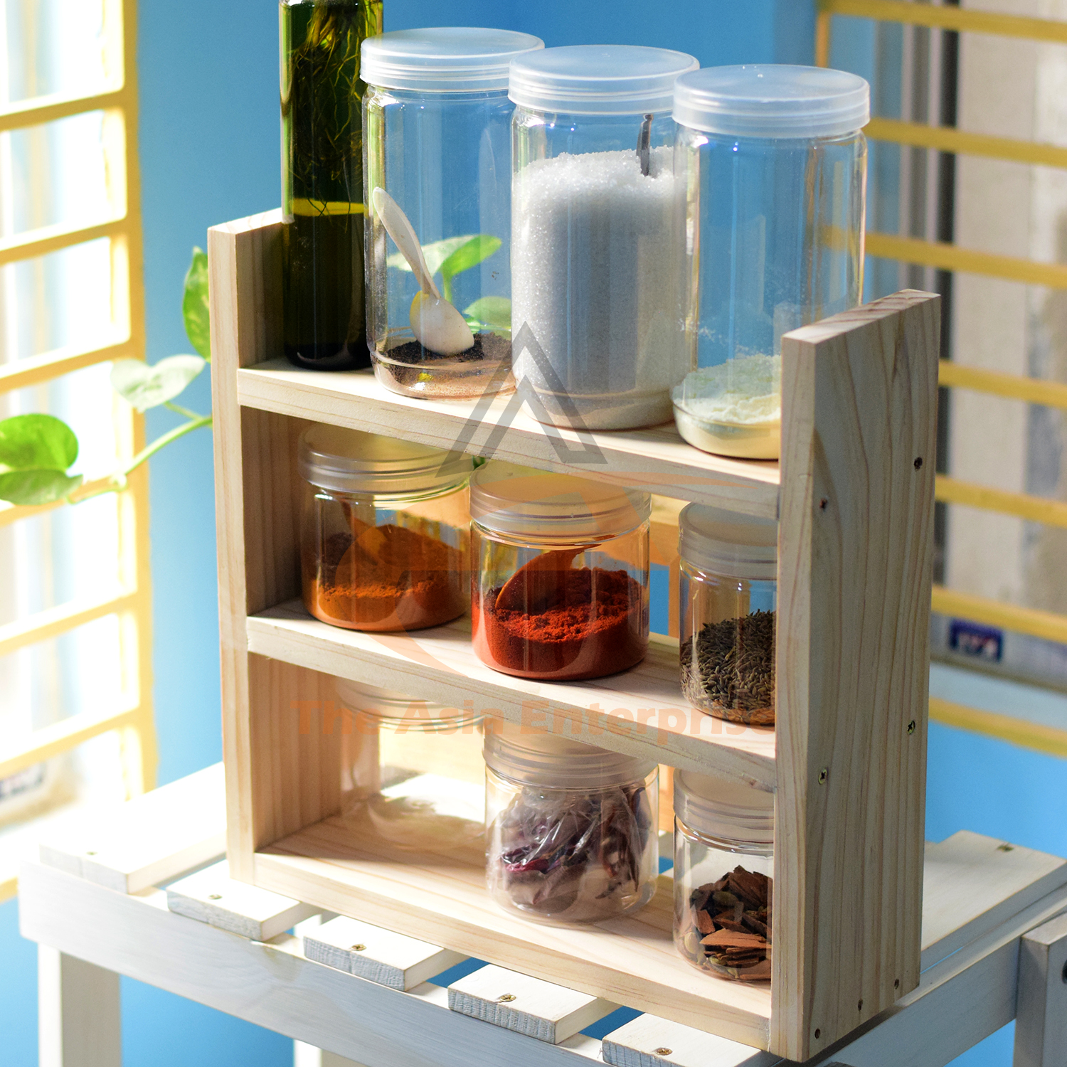 Wooden Kitchen Jar Shelf Wood Countertop Spice Rack Organizer