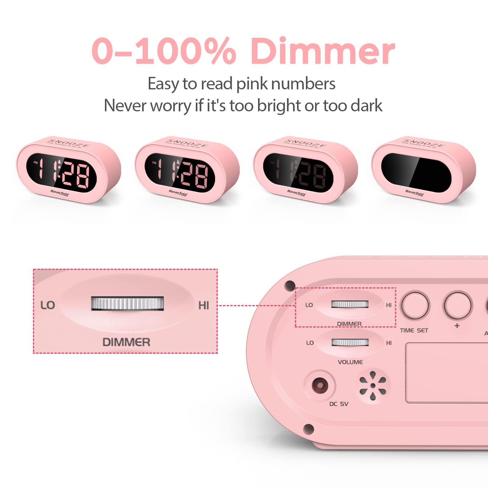Pink alarm clock for girls for children's bedroom, dimmable digital LED display, powered by outlet, adjustable volume, easy to use, small size - American. 