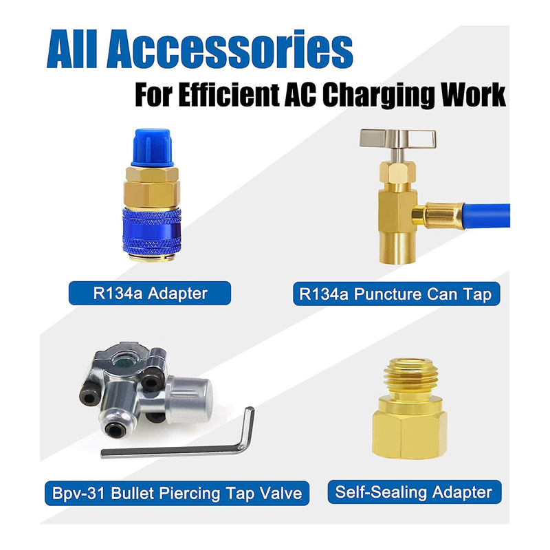 1Set ACR134A Refrigerator Freon Recharge Kit AC Charge Hose with Gauge Piercing Can Tap and Self-Sealing Adapter Blue 134A Refrigerator Recharge Kit. 