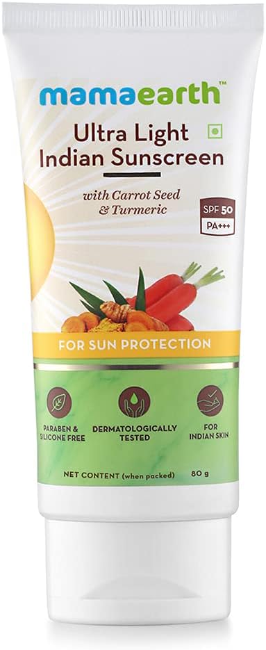 Mamaearth Ultra Light Indian Sunscreen 80ml SPF50 PA+++ with Turmeric and Carrot Seed Oil For Dry | Normal | Oily | Sensitive Skin Broad Spectrum Moisturizing UVA/UVB. 