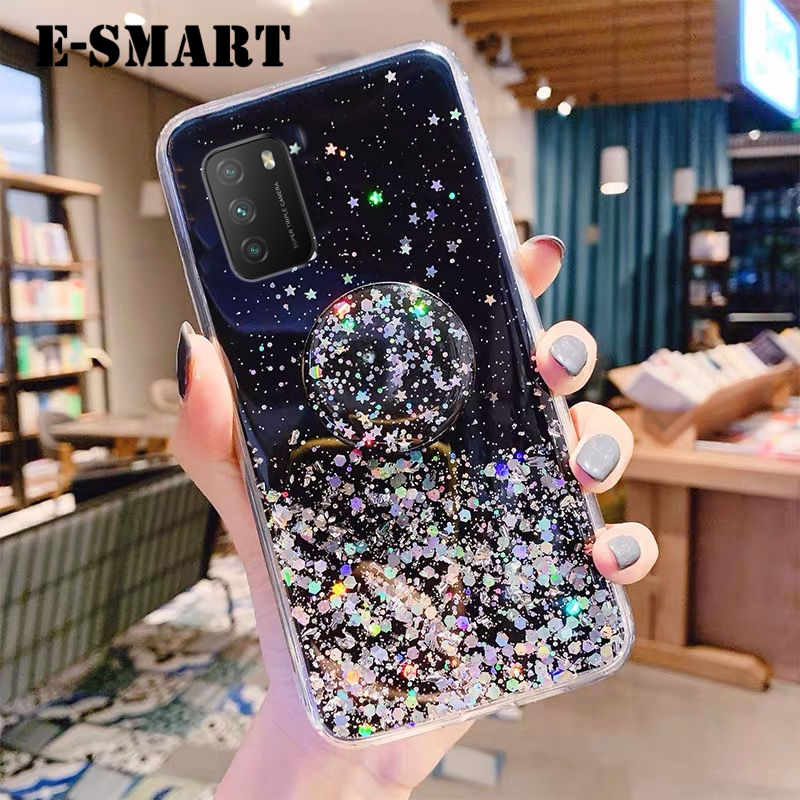 For OPPO A16 Case Shiny Ring Glitter Soft Transparent Holder Stand Back cover with String Glitter Space Stars Moon OPPO A16 Back Cover