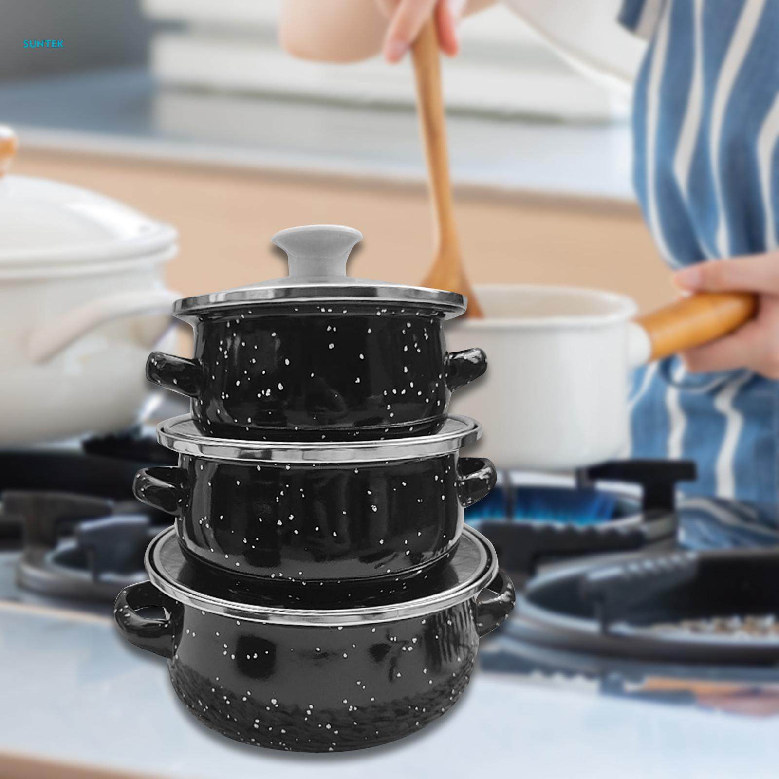3Pcs Enamel Pot Set Enamel Cookware Set Multifuctional Accessories Double Handle Pot. 