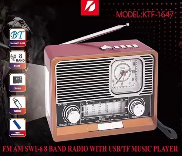 Ktf-1647 Portable Wireless AM FM SW 8 Band Bt Outdoor Home Radio Speaker with Flashlight Multi-function Mp3 TF USB Music Player