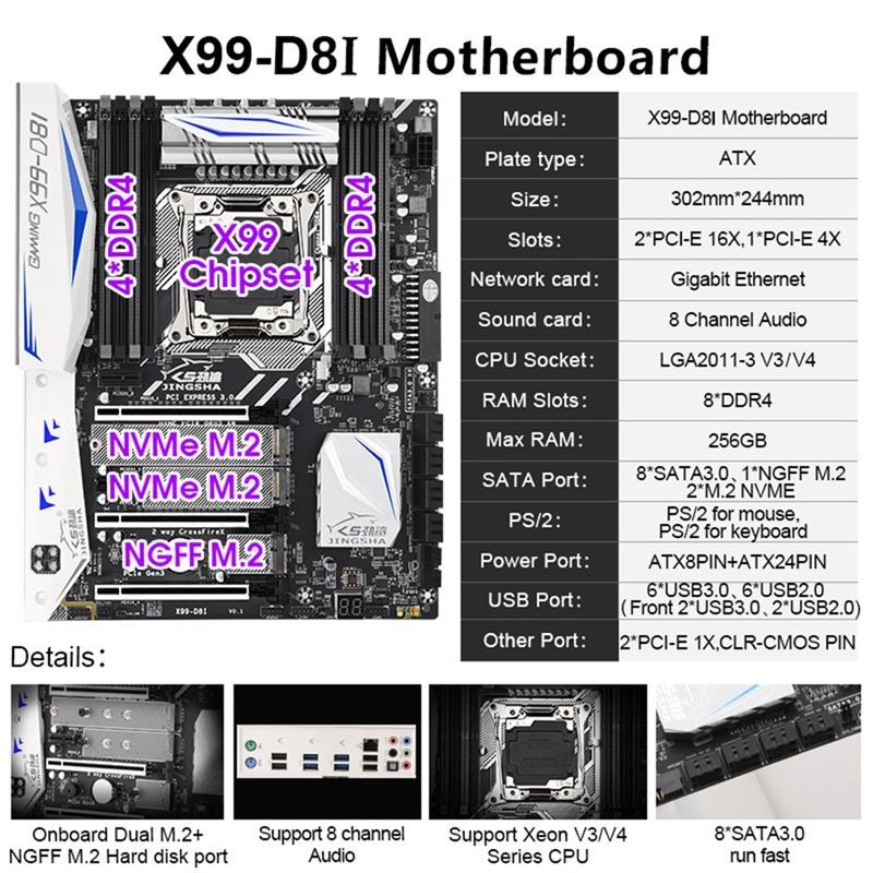 JINGSHA 1 PCS X99-D8I Gaming Motherboard DDR4 Memory Support Multiple Games M.2 WIFI Black for LGA2011-3 V3V4 Four Channel X99 Chip. 