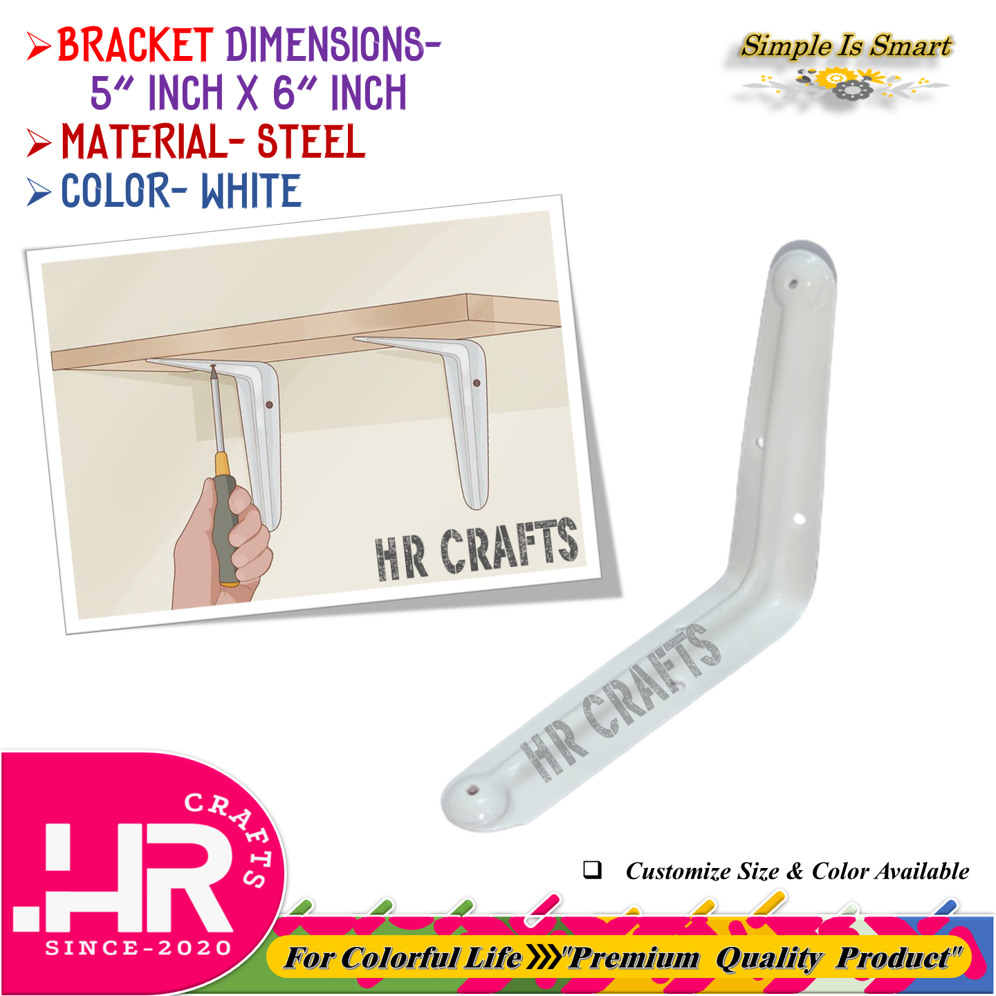 Premium Wall Mounted L Shaped Angle Bracket (Size-5"x6")- Decorative Shelf Bracket- Wall Bracket- Bracket- L Bracket- Angle Bracket- Support Bracket- Floating Bracket- Heavy-Duty Bracket- Corner Bracket- Industrial Bracket- Color White Black & Gray. 