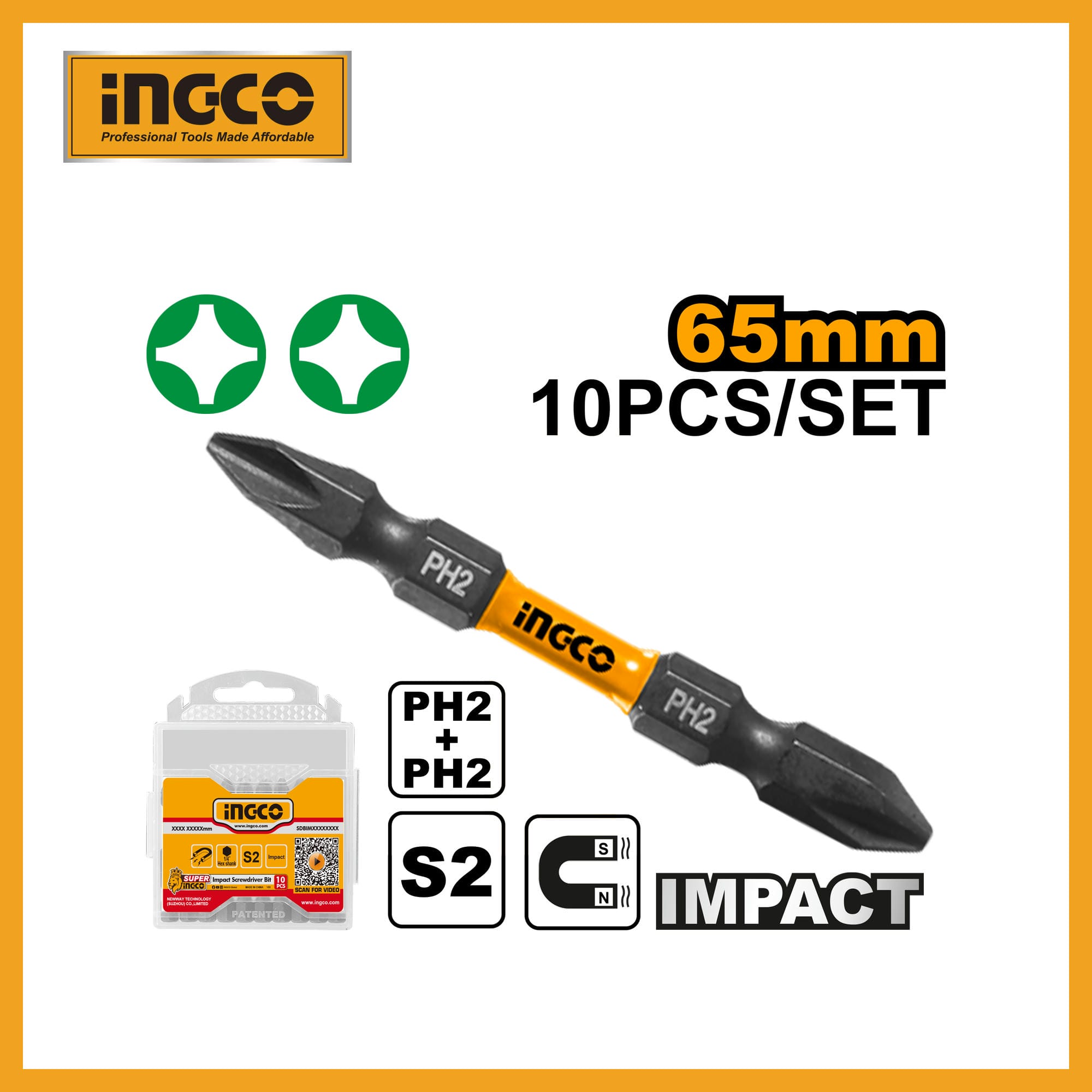 10 PCS IMPACT SCREWDRIVER BITS INGCO (SDBIM21PH233) new design