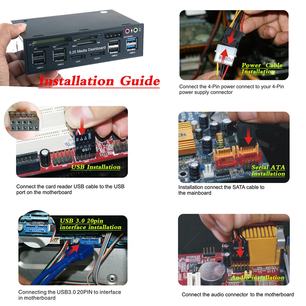 Multi-Function USB 3.0 Hub eSATA SATA Port Internal Card Reader PC Dashboard Media Front Panel Audio for SD MS CF TF M2 MMC Memo. 