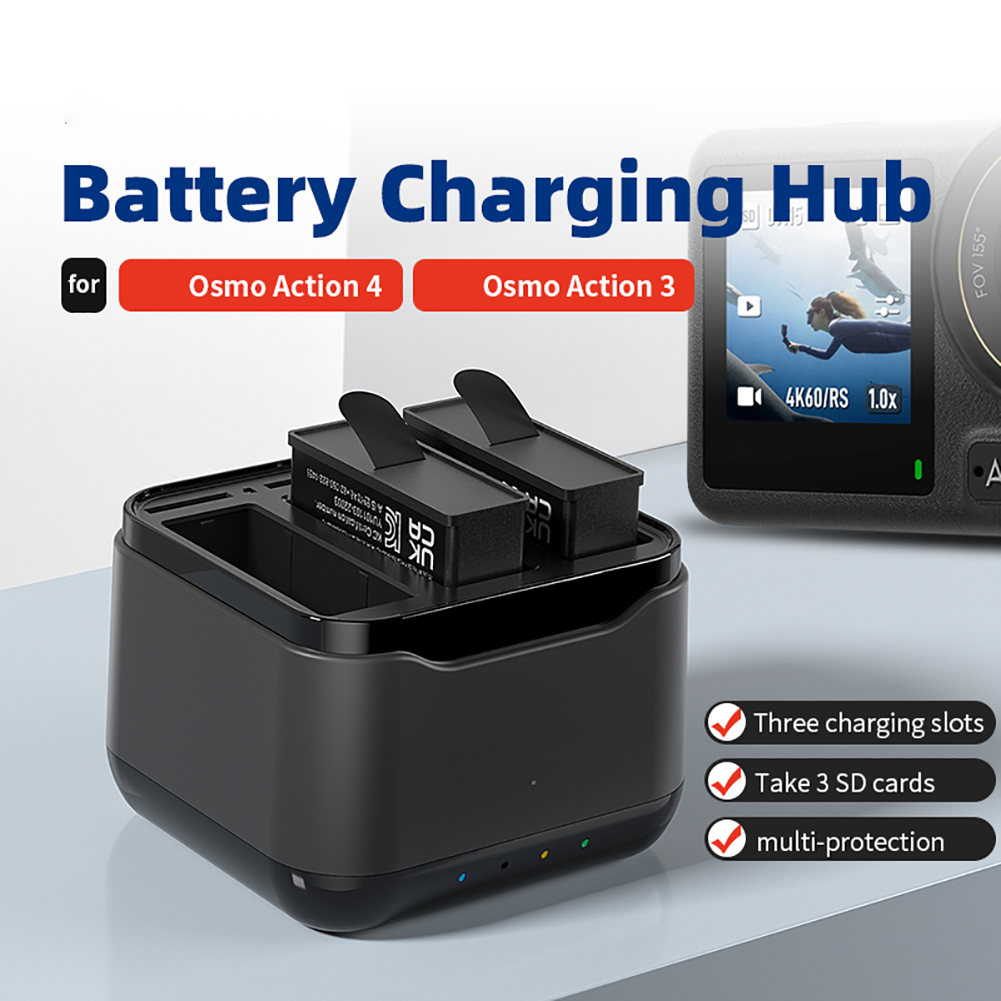 Battery Charging Hub Charging 3 Batteries Action Camera Accessories With Charging Indicator Light Charging Station Compatible For DJI OSMO Action 4/3 Cameras. 