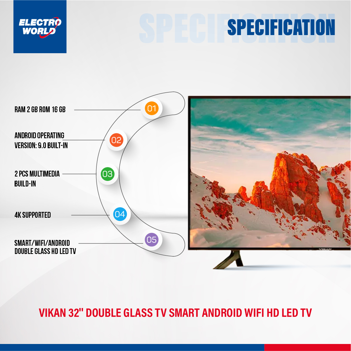 Vikan 32'' Double Glass tv Smart Android wifi Hd Led Tv 4k Supported Ram 2 gb Rom 16 gb. 