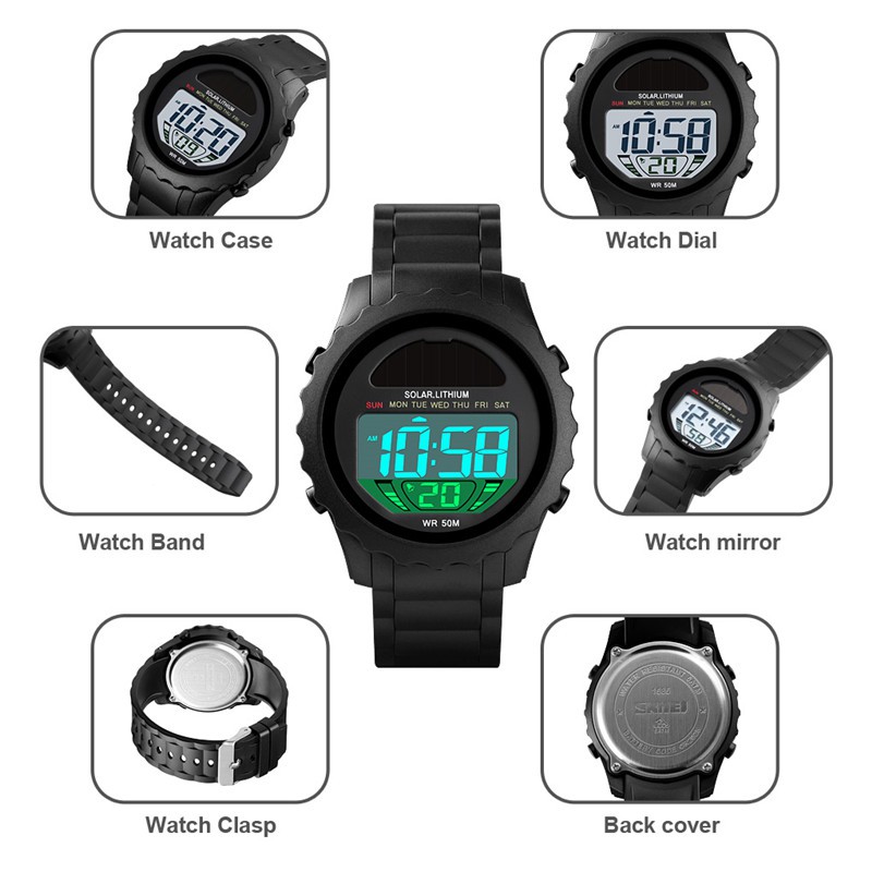 SKMEI Solar Digital Sports Watches Brand 12/24 Hour 30m Waterproof