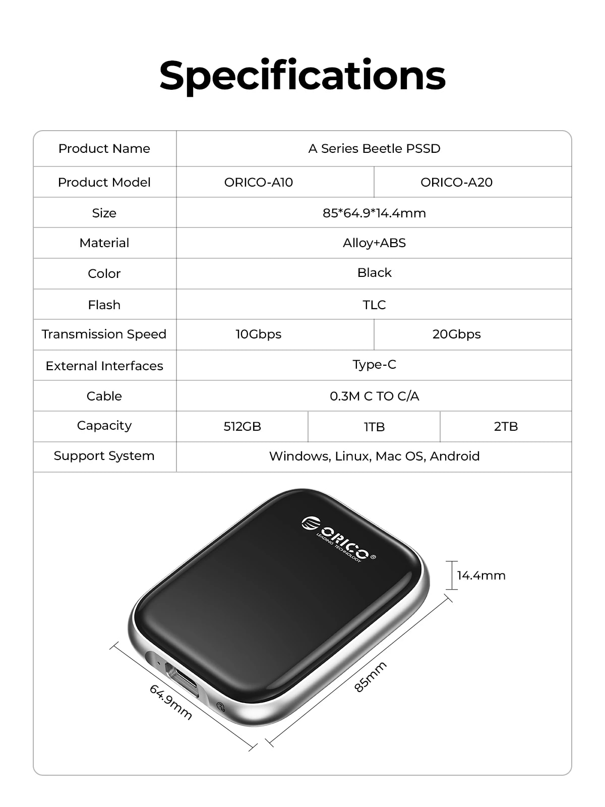 ORICO Beetle Portable SSD 2000MB/S External Solid State Drive 2TB 1TB 512GB USB 3.2 Gen2 Type- C PSSD for MacBook Air Pro Laptop. 