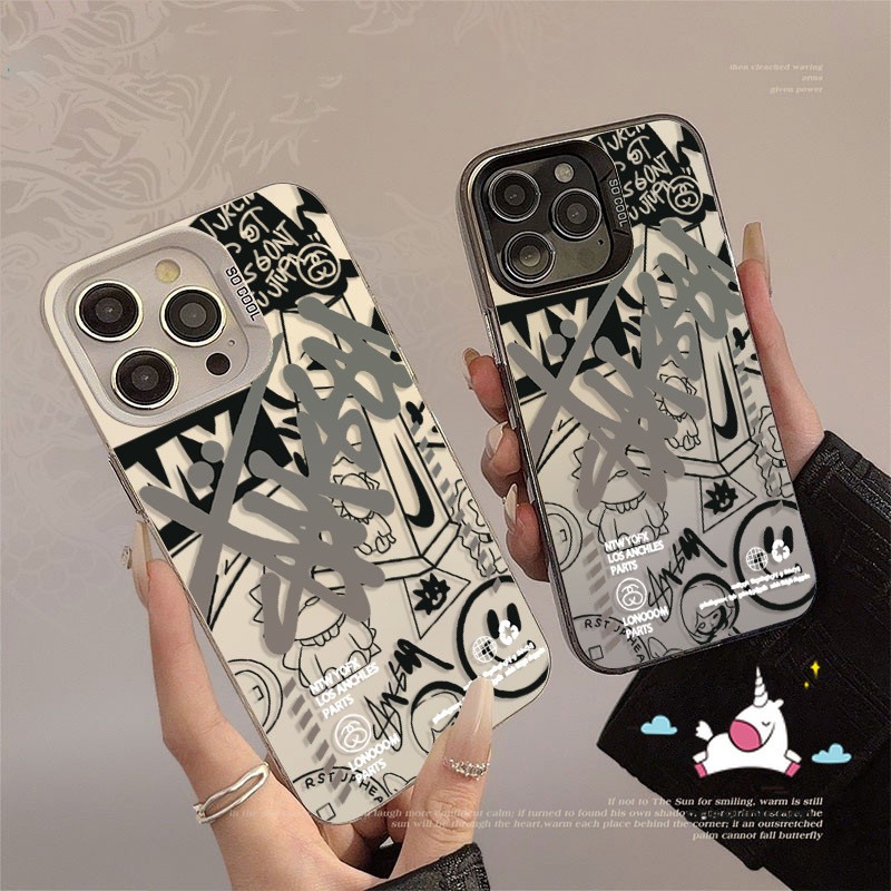 Trendy Cartoon English Cool Smiley Face Graffiti Case Compatible for IPhone 16 15 11 14 12 13 Pro Max XR X 7Plus XS Max 15 8 7 14 Plus SE 2020 Luxury Plated Metal Lens Soft Case. 