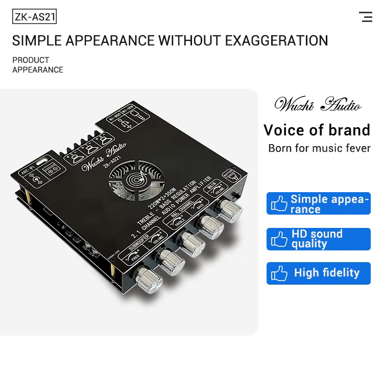 AS21 220W*2+350W 2.1 Channel TPA3255 16V-38V DC Bluetooth Digital Power Amplifier Board Module High and Low Tone Subwoofer Audio APP Similar ZK-AS21 CA-AS21. 