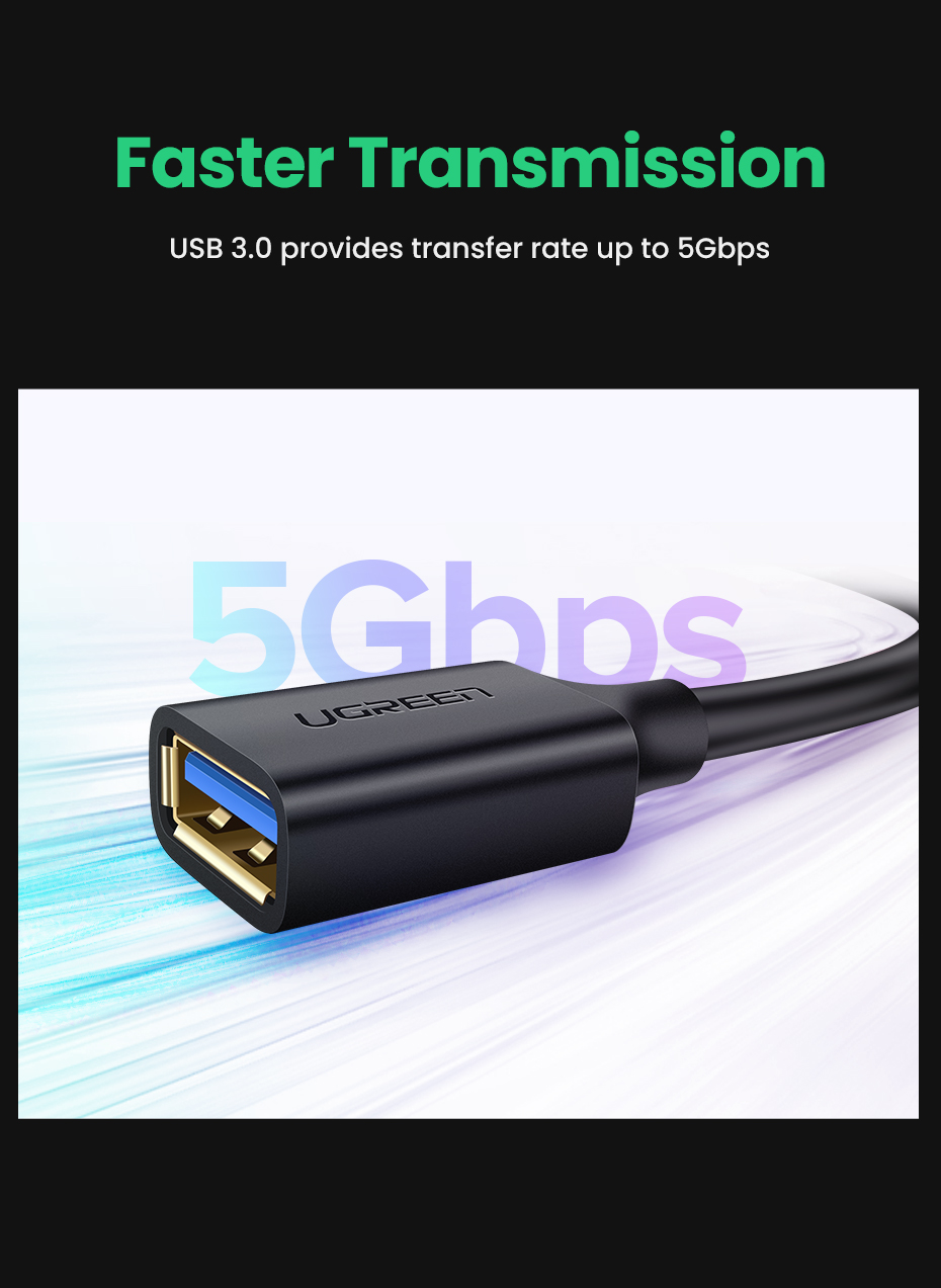 UGREEN 90722 USB 3.0  Extension Male Cable 5m  (Black) #US129 - USB 3.0 Extension Cable - Easy-reach extension cable -  5Gbps data transfer - Environmentally friendly - Universal Compatibility, no drivers required on any OS and Windows system. 