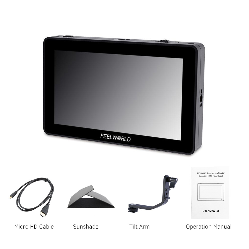 FEELWORLD F6 Plus 5.5 Inch On-Camera Field Monitor Kit 3D LUT Video Assist with Sunshade Tilt Arm Support 4K HD Input & Output 1920*1080 Pixels HD IPS Touchscreen. 