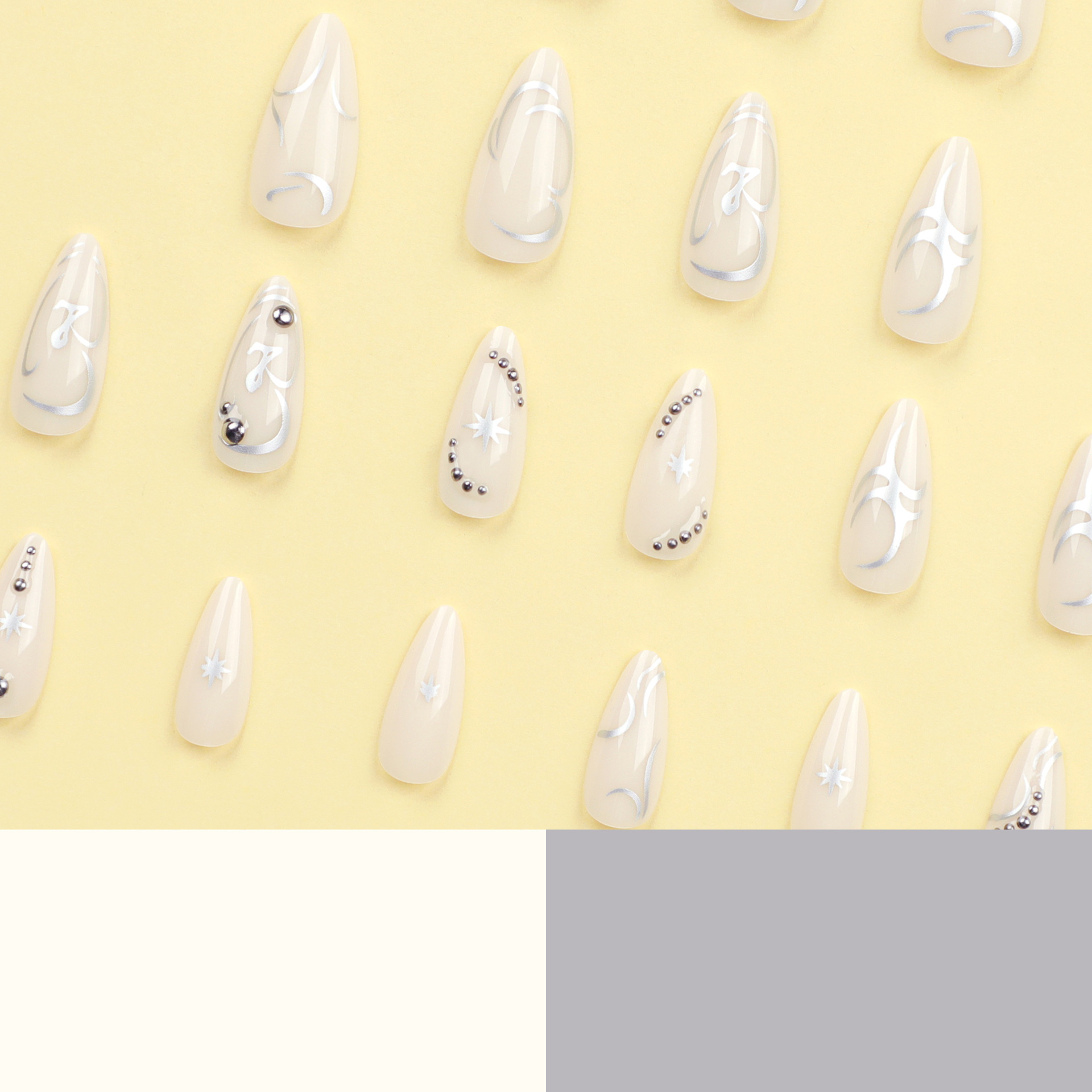 White Almond False Nails Goth 3D Chinese Character Beads Design Nails Patch Full Finished y2k Cool Artificial Nail Patch. 