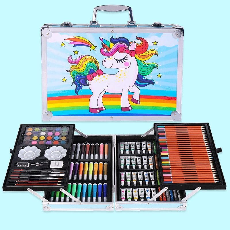 Conjoin Unicorn Colour Suitcase Set Deluxe Art Set Box with Crayons, Oil Pastels,Colored Pencil with 145 Pcs Art Coloring Kit for Professional Drawing.. 