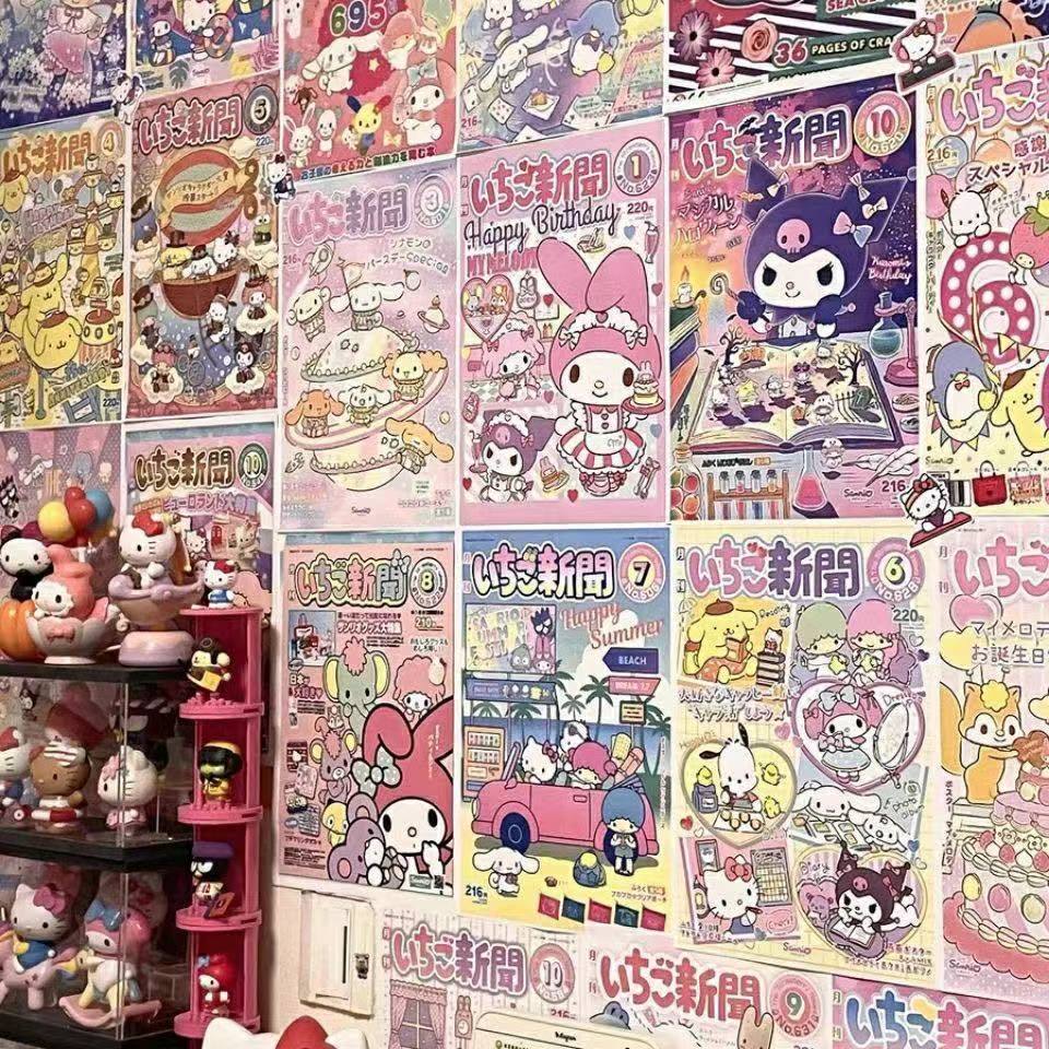 Kawaii Sanrio Poster Pretty Cartoon Anime Hello Kitty My Melody Cinnamoroll Kuromi Creative News Monthly Y2K Girls Room Decor
