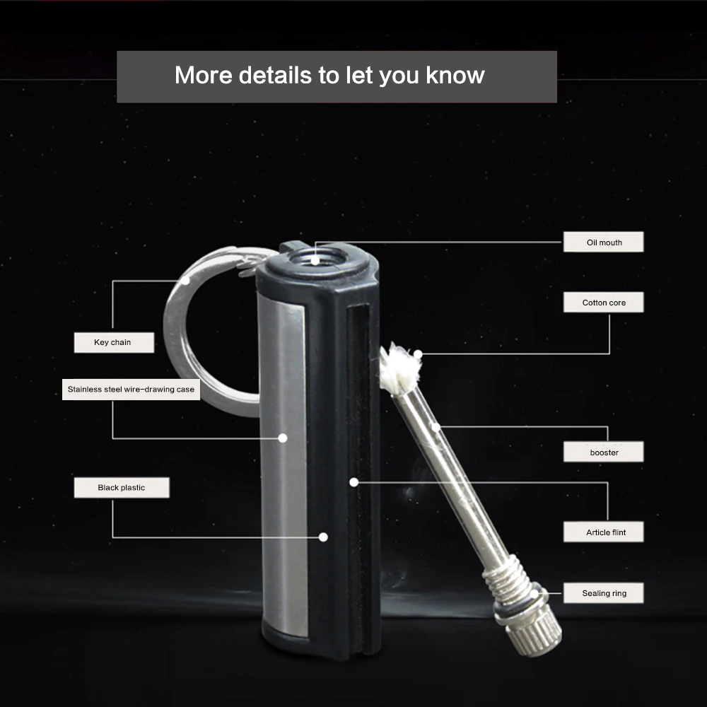 Permanent Match Fire Starter Tool Cigarette Lighter Keychain Ring Survival Tool - gas lighter. 