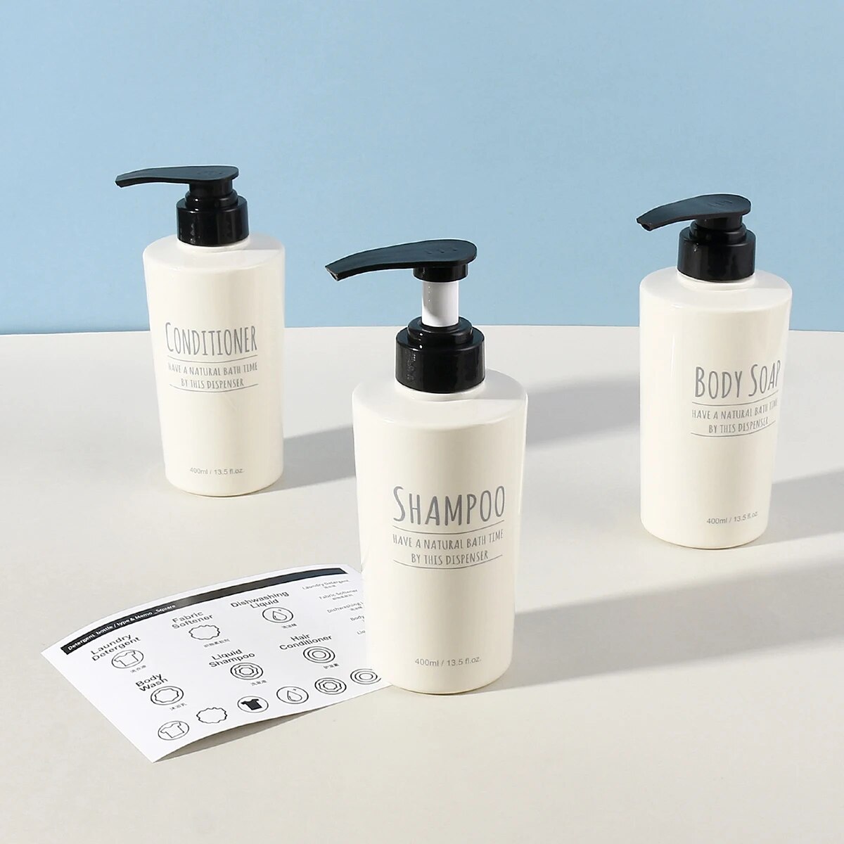 400ml Empty Beige Modern Design Refillable Shampoo and Conditioner Dispenser Pump Bottle with Pump Set 3pcs. 