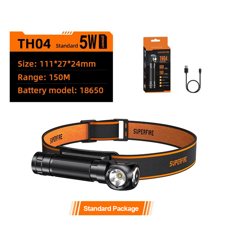 New SUPERFIRE TH04 LED Headlamp Type C Rechargeable 90° Headlight 18650 Flashlight with Indicator Magnet Tail, Head Flash Light. 