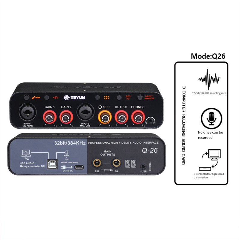 Q-26 USB Audio Interface Sound Card with Electric Guitar Live Recording USB External Sound Card for Studio Easy Install Easy to Use. 