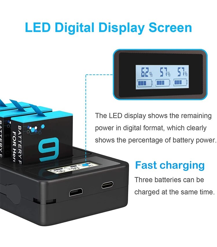 3Channel GoPro Battery Charger With USB Type C Smart Display Fast Charger For GoPro Hero 9 8 7 6 5 Black Camera Original Charger. 