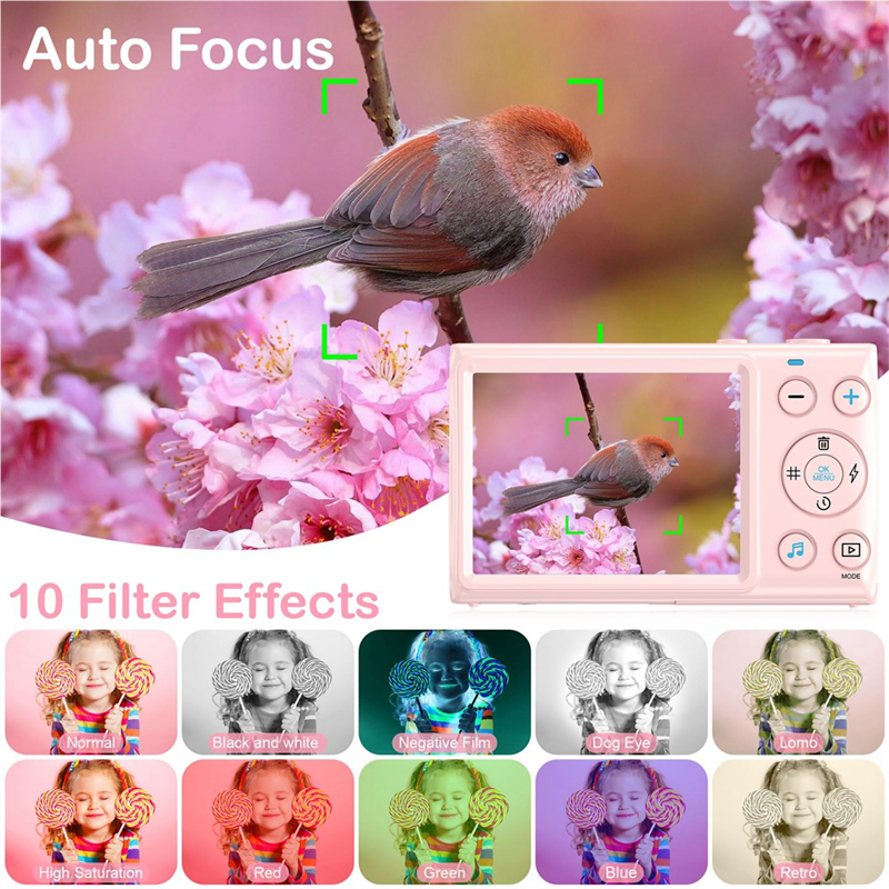 Digital Camera, 4K Children Camera for Photography, 64MP MP3 Player Camera, 2.8Inch IPS Screen, Auto Focus Easy Install Easy to Use (Pink). 
