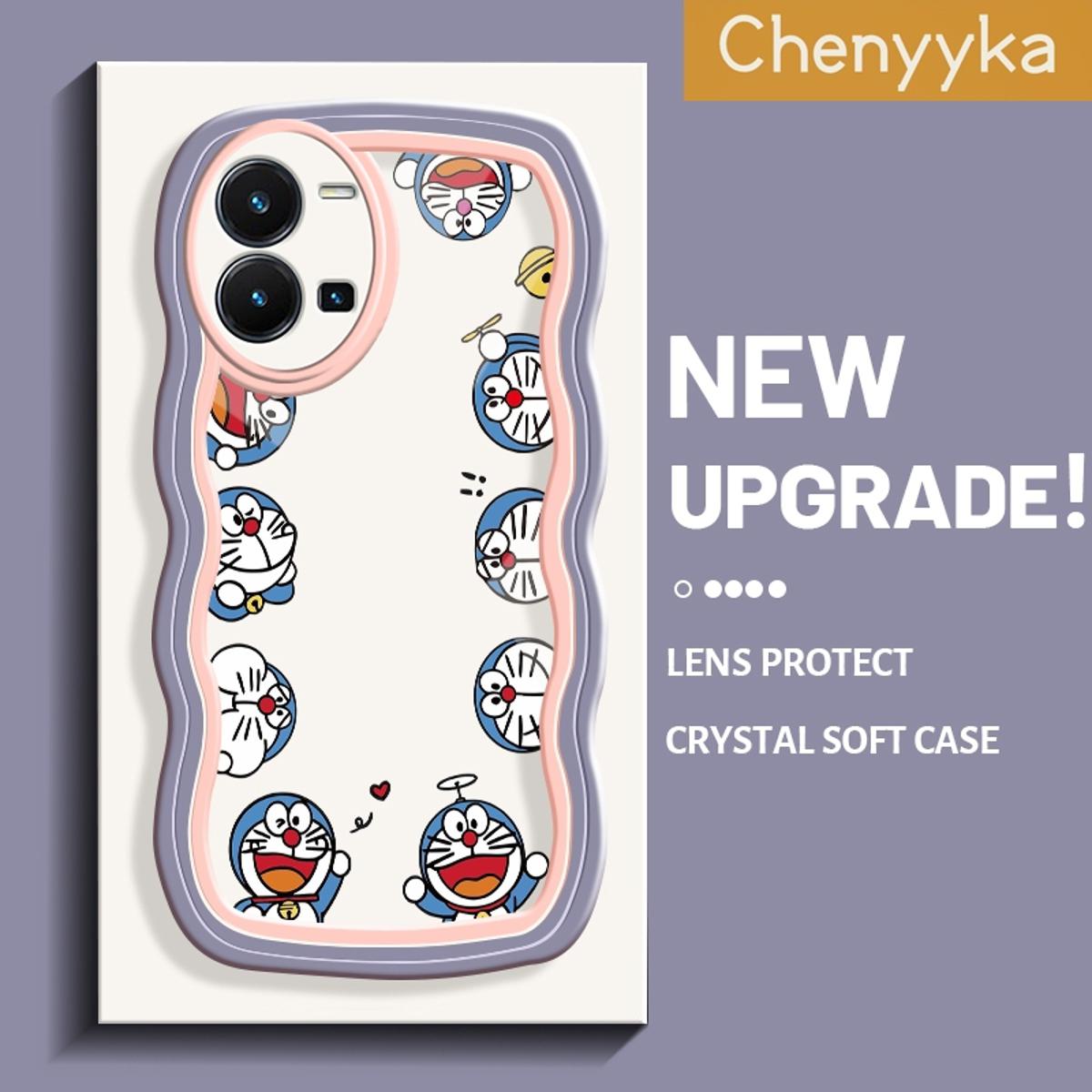 Chenyyka For vivo Y35 Case Cartoon Doraemon Colorful Lovely Wave Border Soft Clear Shockproof Phone Cases Creative Camera Transparent Casing Simple Gentle Protective Cover