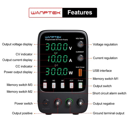 WANPTEK APS3010H Programmable Regulated DC Power Supply, 30V 10A, Storage Memory Function, Encoder Adjustment, USB Fast Charge, 4-Digit Display, Low Ripple, Cooling Fan - UK Plug. 