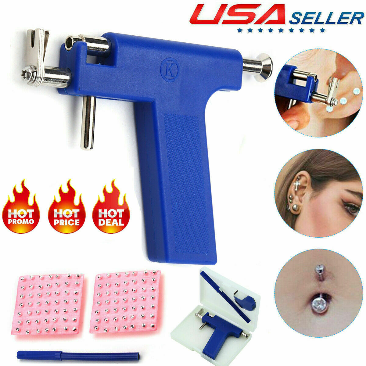 2 Colours Professional Painless Body Piercing Tool Nose Navel Ear Hole  Piercing Gun With 98 Pcs Studs Tool Kit Sets