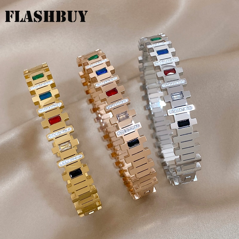 ALLYES Fashion Colored Rhinestone Zircon Stainless Steel Bangles Bracelets for Women Gold Color Waterproof Jewelry Gift. 