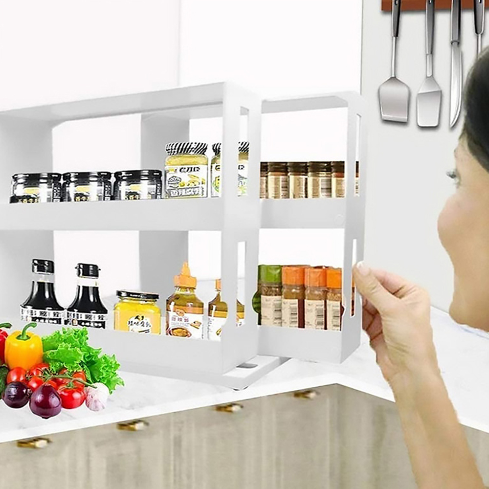 Cabinet Caddy (white)- Modular Rotating Spice Rack Organizer, Two 2-Tiered Shelves, Non-Skid Base. 