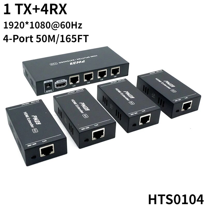 1x4 HDMI Extender Splitter 1080p Over Cat5e/Cat6 Ethernet Cable with Loopout - Up to 50m/165ft - EDID Management 1920*1080@60Hz. 