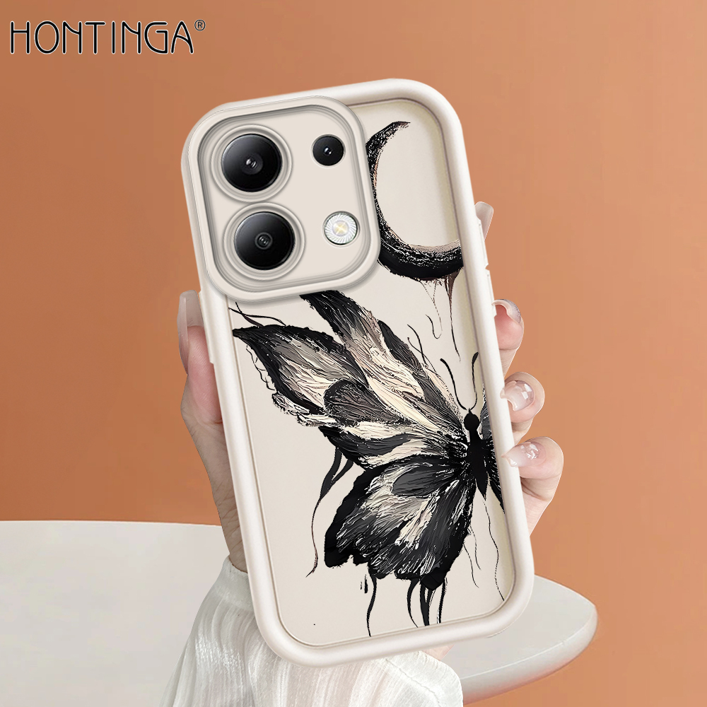 Hontinga for Redmi Note 13 4G Back Cover black butterfly Pattern Ladder Soft Camera Protection Rubber Phone Case for Girls