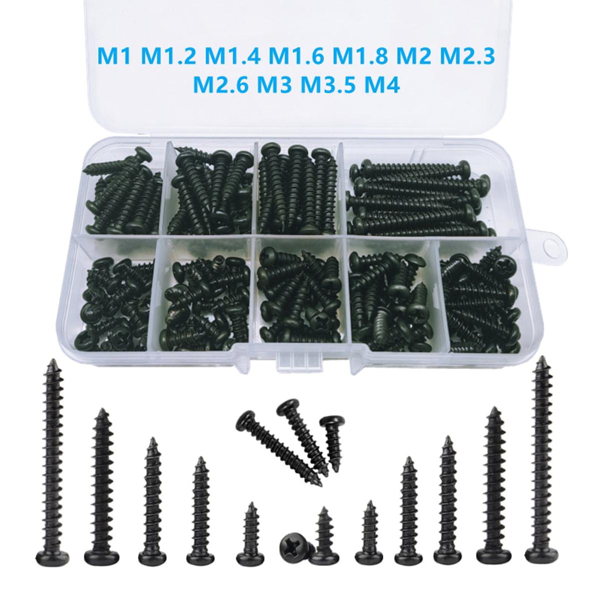 M1 M1.2 M1.4 M1.6 M1.8 M2 M3 M4 Cross Head STapping Screw Assortment Kit Wood Thread Nail Screw Sets Round Head Small Screws