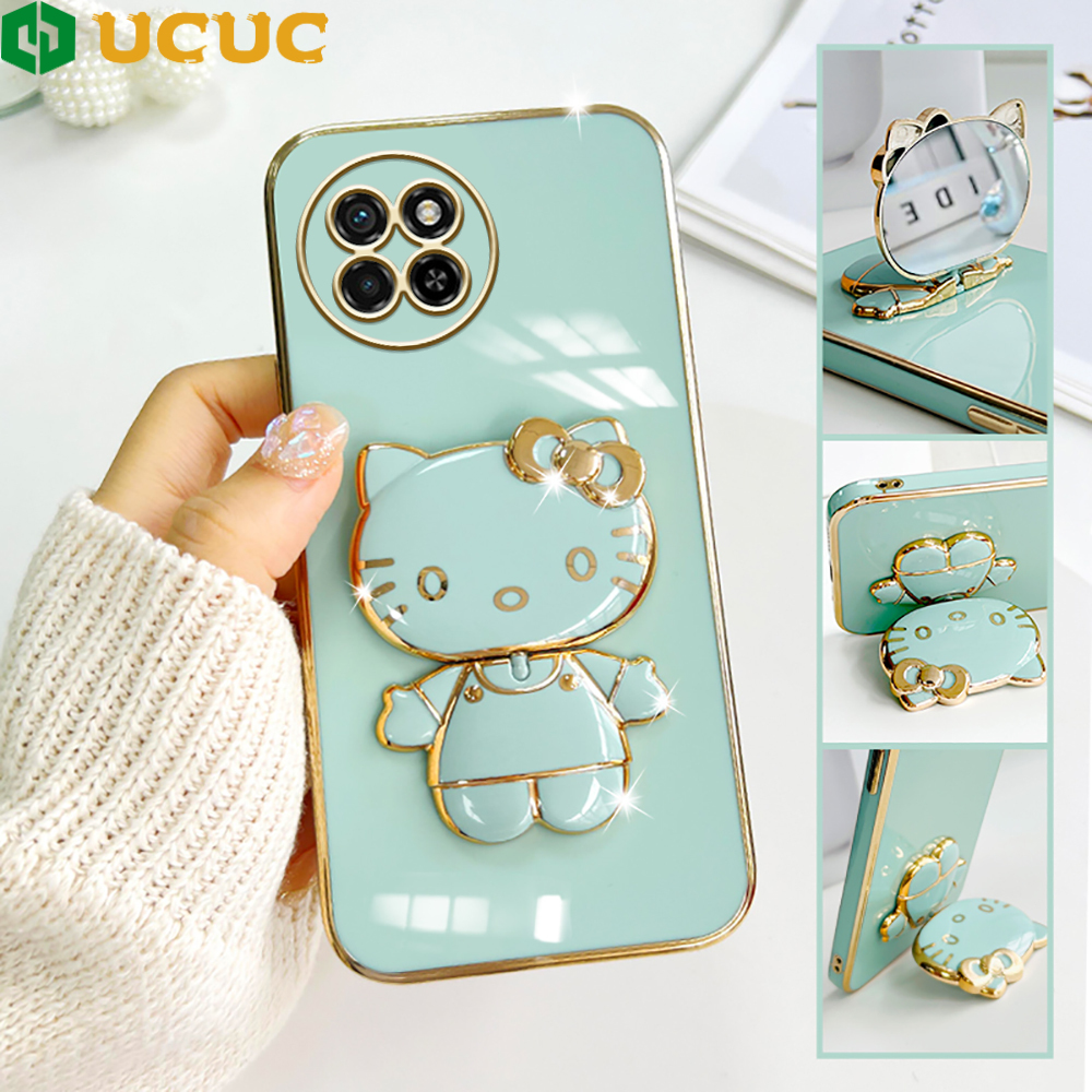 UCUC for Itel S23 Back Cover Cute kitty Mirror Multifunction Folding Bracket Luxury 6D Plating Case Soft Silicone Square Phone Cases for Boys for Girls