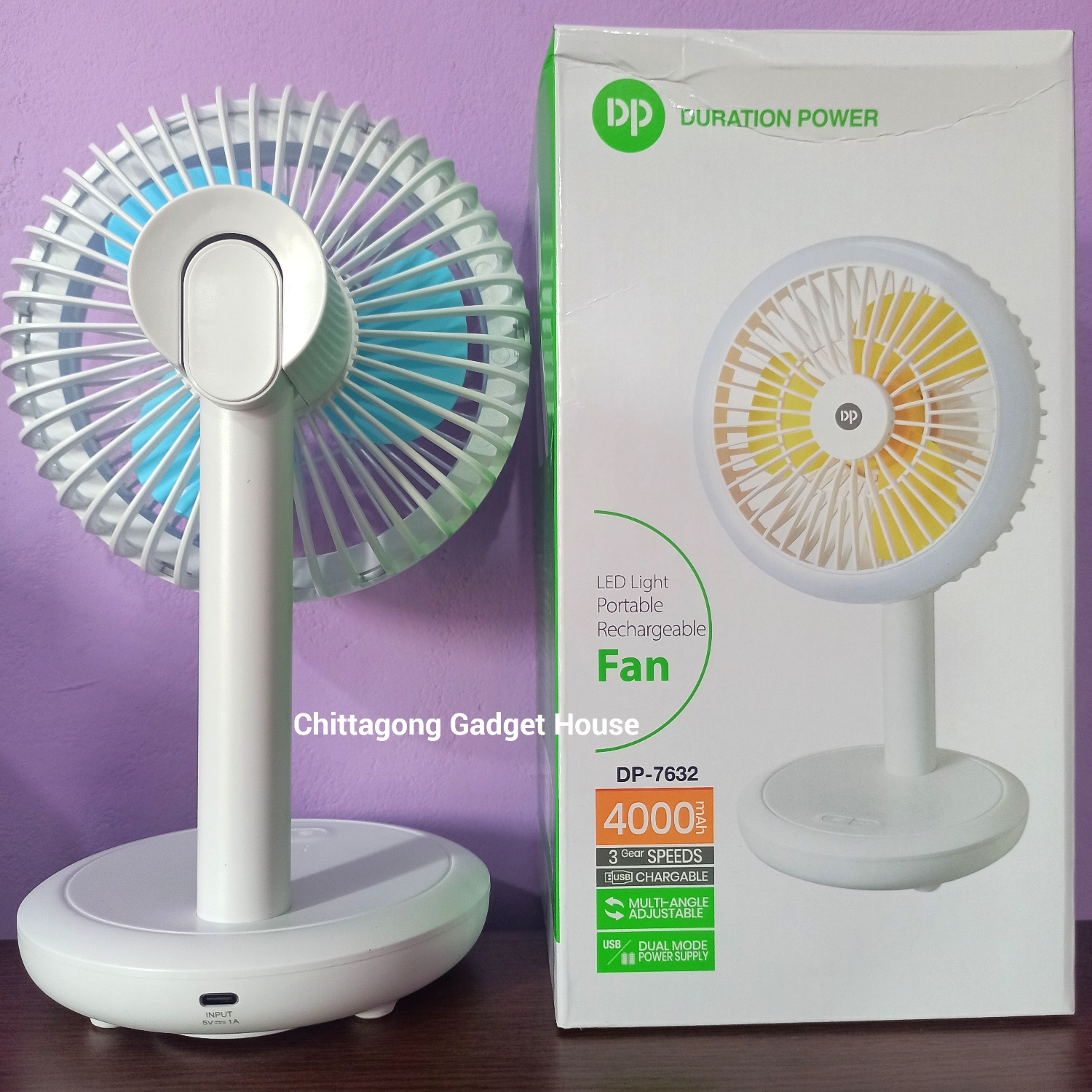 DURATION POWER DP-7632 Rechargeable 4000mAh Battery Up-Down Adjustable Three Speed Modes Fan With LED Lamp. 