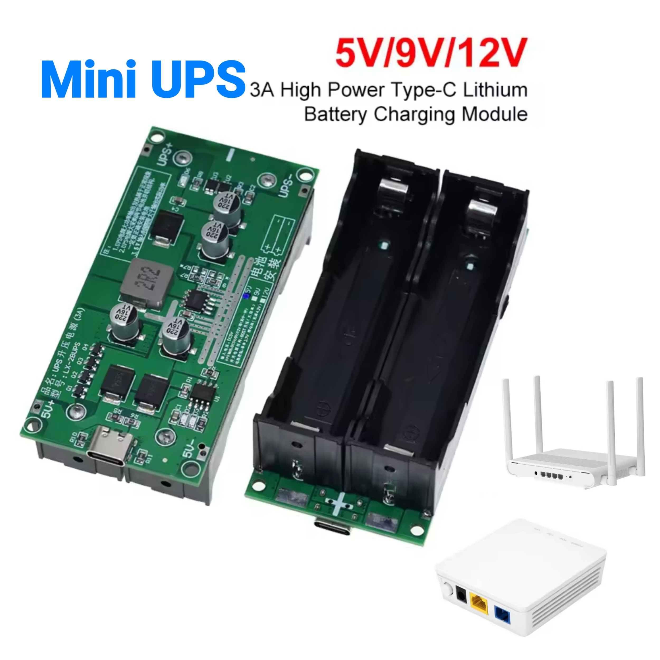 Type-C 15W 3A Fast Charge UPS Power Supply / 18650 Lithium Battery Charger Module DC-DC Step Up Converter 5V 9V 12V