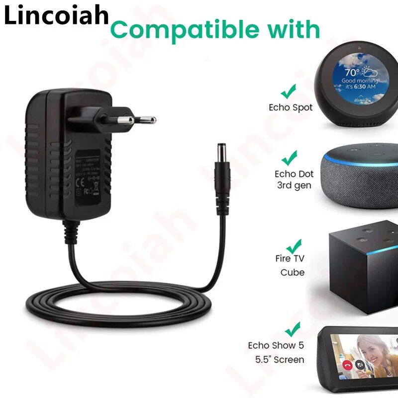 Power Supply AC/DC Adapter Charger for Alexa Echo Spot, Echo Dot (3rd Gen and 4th Gen), Fire TV Cube, Show 5, Dot with Clock. 