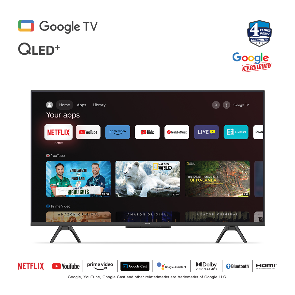 Vision 43” 4K QLED Google Smart Wi-Fi TV RQ1 Galaxy Pro In built Far Field Voice control. 