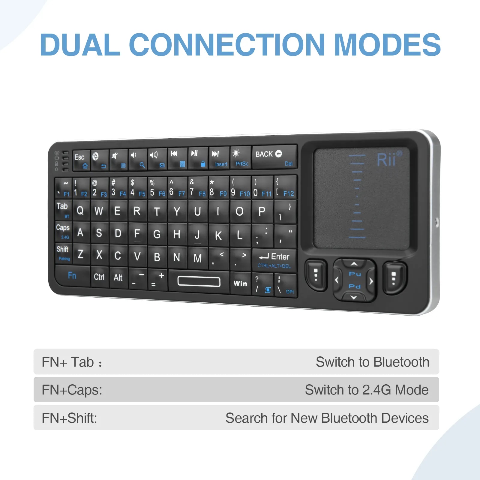 Rii K06 Mini Bluetooth Keyboard,Backlit 2.4GHz Wireless Keyboard with IR Learning Touchpad Android TV Box， Mac, Laptop, Windows. 
