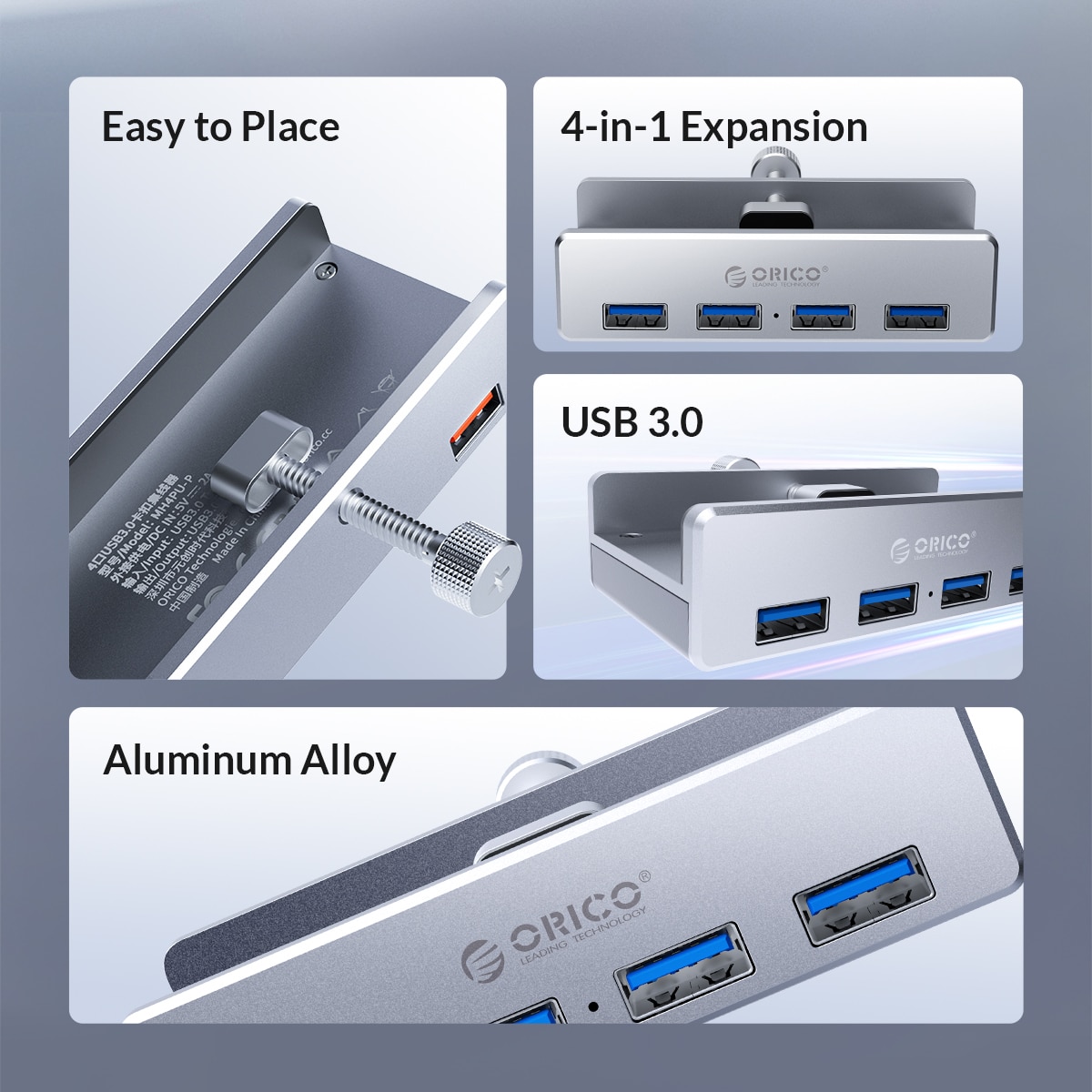 ORICO Clip-type USB 3.0 HUB Aluminum External Multi 4 Ports USB Splitter Adapter for Desktop Laptop Computer Accessories(MH4PU). 