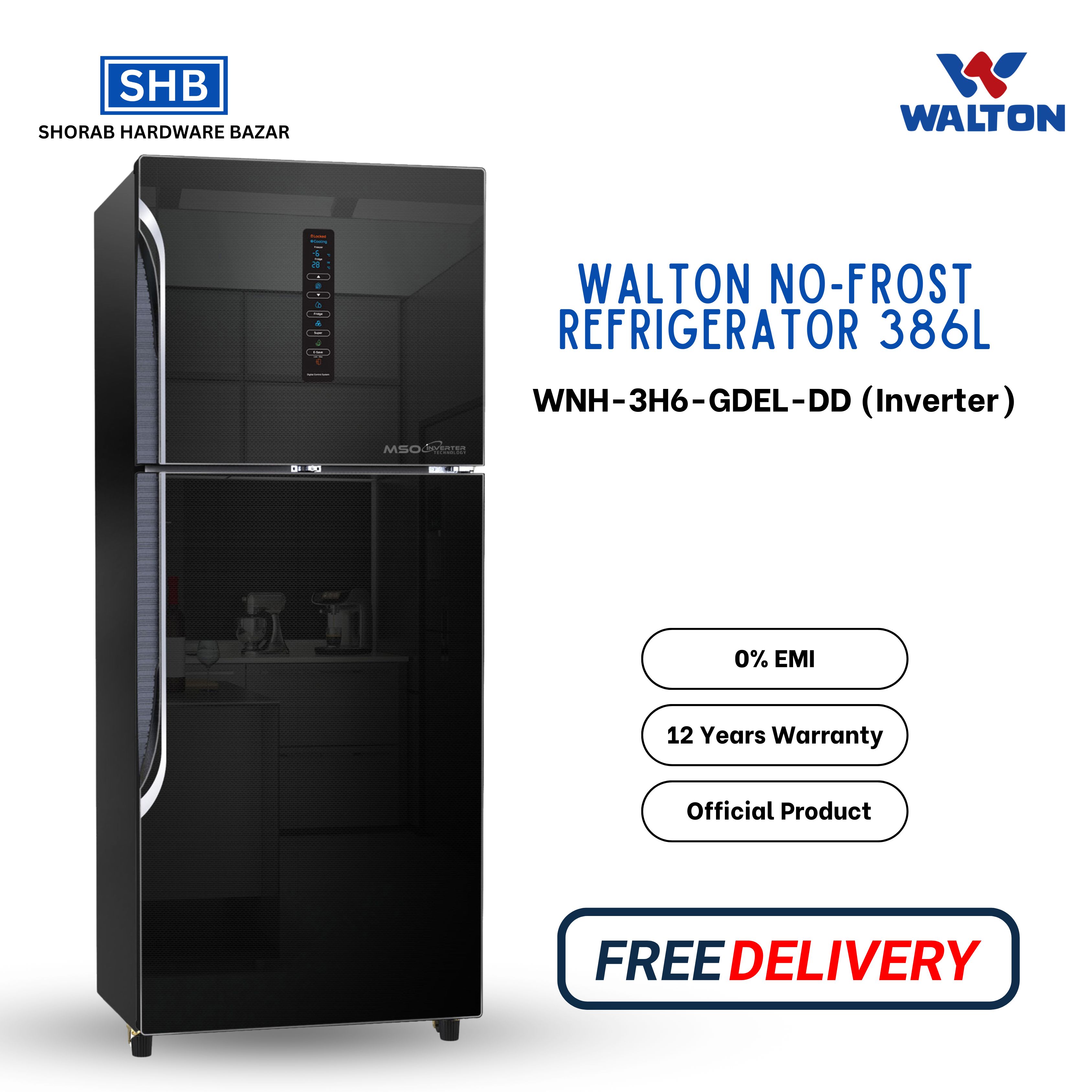 Walton Non-Frost Refrigerator 386 L WNH-3H6-GDEL-DD (Inverter)