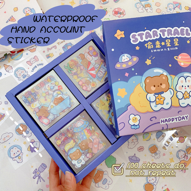cute stickers 100 pcs, made of PET, waterproof and transparent water cup, pasted with decorative small pattern cartoon hand account material sticker, no need to cut, tear and use, 100 pieces, no repeated stickers, increase the small happiness of life. 