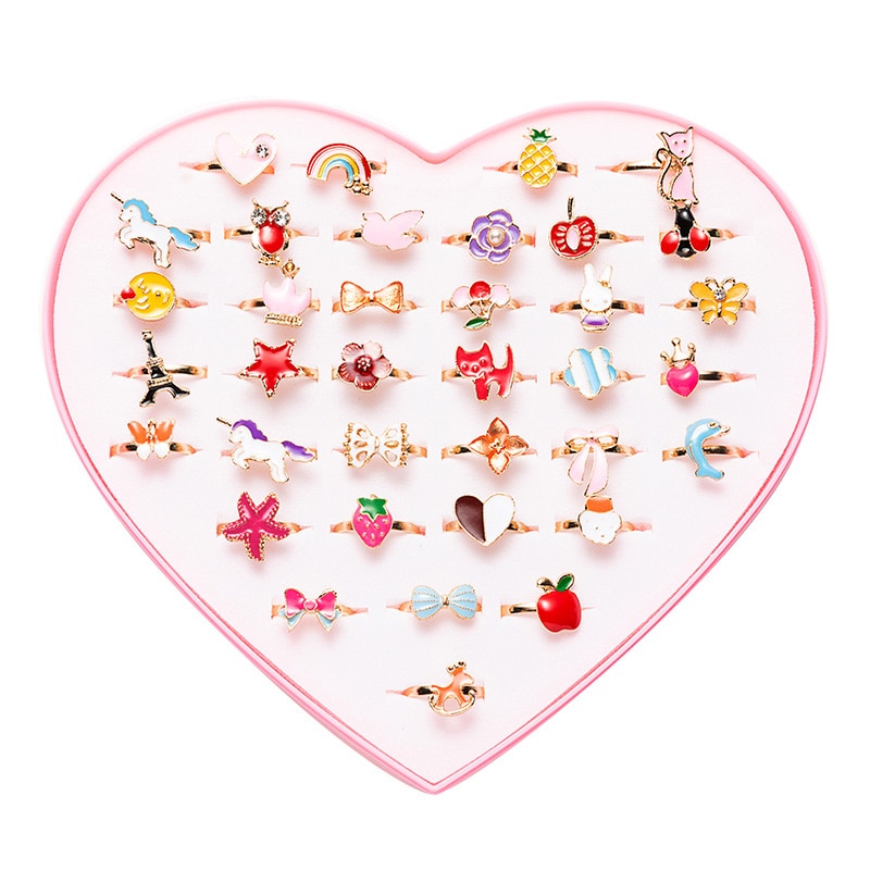 36pcs/box Cute Cartoon Kids Rings Korean Animal Flower Adjustable Child Girls Finger Rings Children Kawaii Sweet Gifts. 