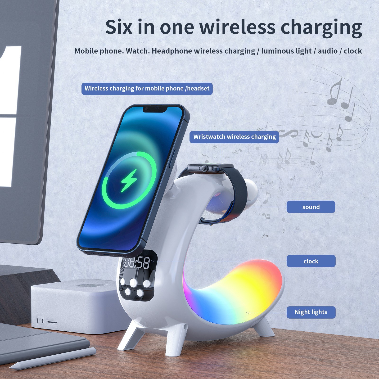Bedside Table Lamp Colorful Night Light Wireless Charging for Cell Phone Watch Headphones Can be used as BT Audio/Clock/Ambient Light. 