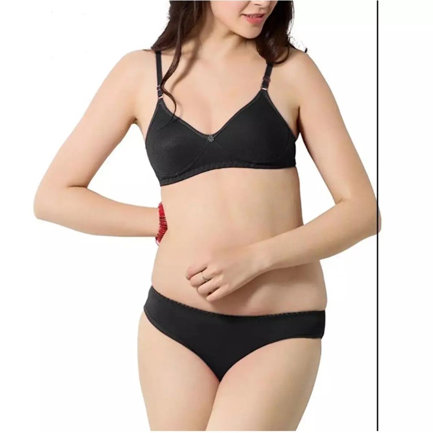 Polycotton Non-Wired Bra & Panty Set - Black Non-Padded Lingerie